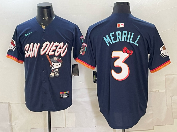 Men’s San Diego Padres Jackson Merrill #3 Nike Navy 2026–27 Hello Kitty Tucson Baseball Jersey KKB069
