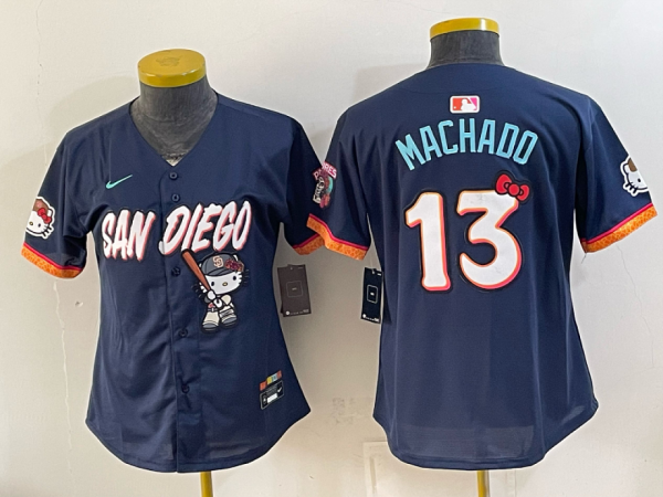 yp252804201-082 Women’s San Diego Padres Manny Machado #13 Nike Navy 2026–27 Hello Kitty Tucson Baseball Jersey KKB082