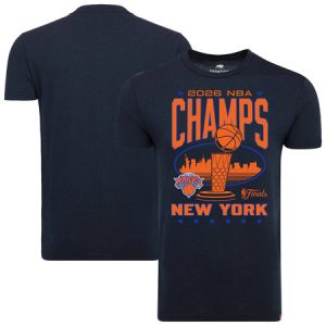 01557eba1206a01f9931e7488894a6e2.jpeg Men's New York Knicks Sportiqe Navy 2026 NBA Finals Champions Trophy Skyline T-Shirt