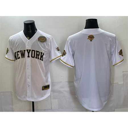Men's New York Knicks White Gold 2026 Finals & Eastern Conference Champions Patch Stitched Baseball Jersey