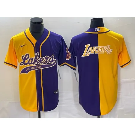 Men's Los Angeles Lakers Gold/Purple Split Team Big Logo Cool Base Stitched Baseball Jersey 3QUN