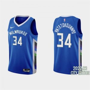 Men's Milwaukee Bucks #34 Giannis Antetokounmpo 2022-23 Blue City Edition Stitched Basketball Jersey 4M7Q