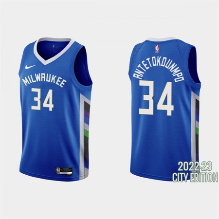 Men's Milwaukee Bucks #34 Giannis Antetokounmpo 2022-23 Blue City Edition Stitched Basketball Jersey 4M7Q