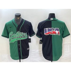 Men's Boston Celtics Team Big Logo With Patch Green/Black Split Stitched Baseball Jersey 51HI