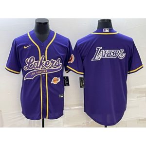 Men's Los Angeles Lakers Purple Big Logo With Patch Cool Base Stitched Baseball Jersey GAGM