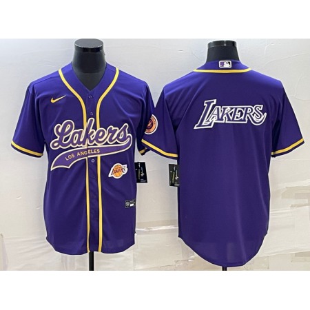 Men's Los Angeles Lakers Purple Big Logo With Patch Cool Base Stitched Baseball Jersey GAGM