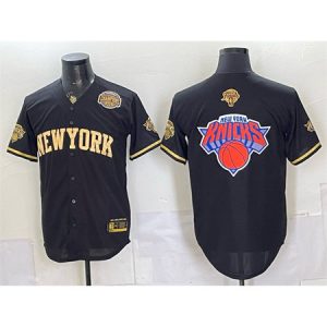 Youth New York Knicks Team Big Logo Black Gold 2026 Finals & Eastern Conference Champions Patch Stitched Baseball Jersey
