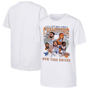 4ccb2cb76ed461e008aa367279f22f79.jpeg Men's New York Knicks White 2026 NBA Finals Champions Caricature T-Shirt