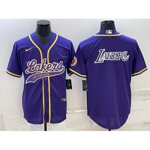 Men's Los Angeles Lakers Purple Big Logo Cool Base Stitched Baseball Jersey HP9U