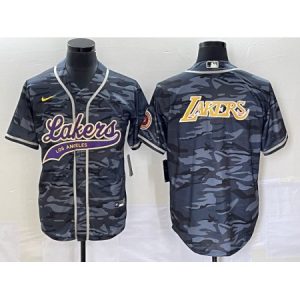 Men's Los Angeles Lakers Team Big Logo Grey Cool Base With Patch Stitched Baseball Jersey 4D8Z