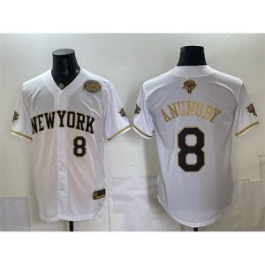 Men's New York Knicks #8 OG Anunoby White Gold 2026 Finals & Eastern Conference Champions Patch Stitched Baseball Jersey