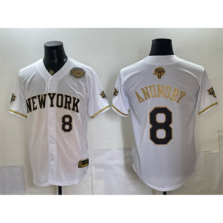 Youth New York Knicks #8 OG Anunoby White Gold 2026 Finals & Eastern Conference Champions Patch Stitched Baseball Jersey