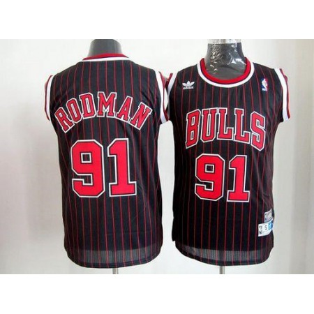 Men‘s Chicago Bulls #91 Dennis Rodman Black With Red Strip Throwback Jersey