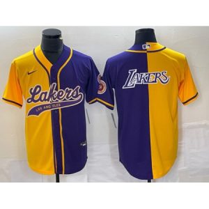Men's Los Angeles Lakers Gold/Purple Split Team Big Logo Cool Base Stitched Baseball Jersey 56AX