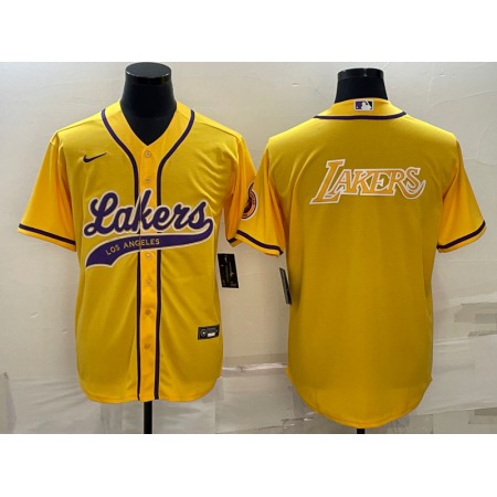 Men's Los Angeles Lakers Yellow Big Logo Cool Base Stitched Baseball Jersey HPR9