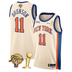 Men's New York Knicks #11 Jalen Brunson Cream 2026 Finals Patch And Finals Champions Patch City Edition Stitched Basketball Jersey
