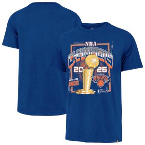 91458240f9c42e8767464ed73b2a9d49.jpeg Men's New York Knicks Blue 2026 NBA Finals Champions Franklin T-Shirt