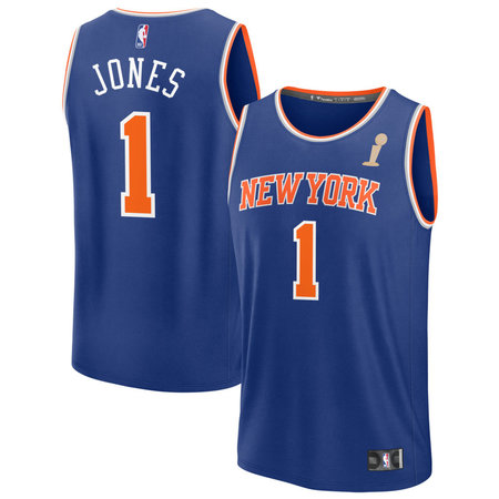 b82b3387825bd9d7cbd97c861cded1c0.jpeg Men's New York Knicks #1 Dillon Jones Blue 2026 NBA Finals Champions Fast Break Icon Edition Jersey