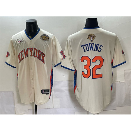 Men's New York Knicks #32 Karl-Anthony Towns Cream 2026 Finals & Eastern Conference Champions Patch Jersey