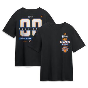 Men's New York Knicks Black 2026 NBA Finals Champions Custom Name & Number T-Shirt