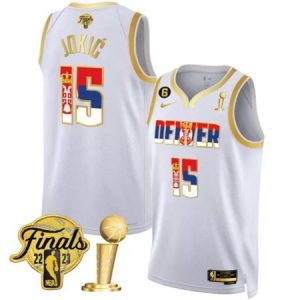 Men's Denver Nuggets #15 Nikola Jokic 2023 White Gold Serbia Flag Finals Champions With NO.6 Patch Stitched Basketball Jersey FJ38