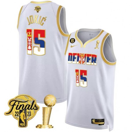 Men's Denver Nuggets #15 Nikola Jokic 2023 White Gold Serbia Flag Finals Champions With NO.6 Patch Stitched Basketball Jersey FJ38