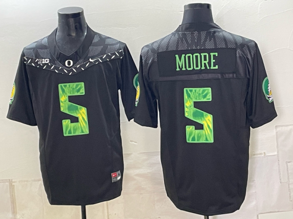 Black Moore number 5 football jersey with green numbers, front and back views