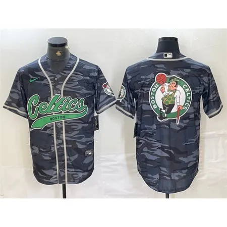 Men's Boston Celtics Gray Camo Team Big Logo With Patch Stitched Baseball Jersey UL1Q