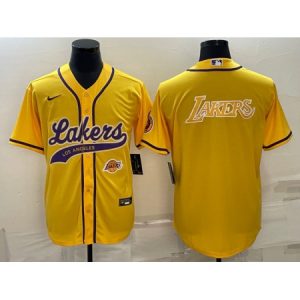 Men's Los Angeles Lakers Yellow Big Logo With Patch Cool Base Stitched Baseball Jersey B7N2
