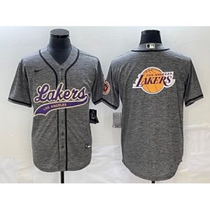 Men's Los Angeles Lakers Gray Team Big Logo Cool Base With Patch Stitched Baseball Jersey U4I9