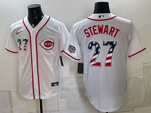Reds #27 Sal Stewart White USA Flag Baseball Jersey New Cool Base Stitched MLB Jersey KK032 – 2026–27