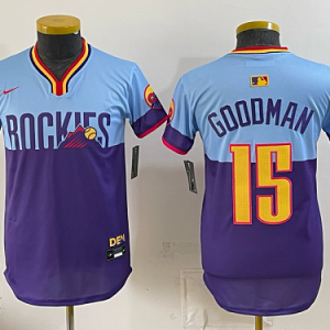 Rockies #15 Hunter Goodman Powder Blue and Purple City Connect Baseball Jersey New Cool Base Stitched MLB Jersey KK047 – 2026–27