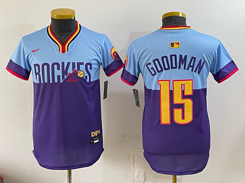 Rockies #15 Hunter Goodman Powder Blue and Purple City Connect Baseball Jersey New Cool Base Stitched MLB Jersey KK047 – 2026–27
