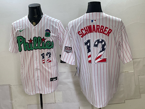 Phillies #12 Kyle Schwarber White Pinstripe USA Flag Baseball Jersey New Cool Base Stitched MLB Jersey KK050 – 2026–27