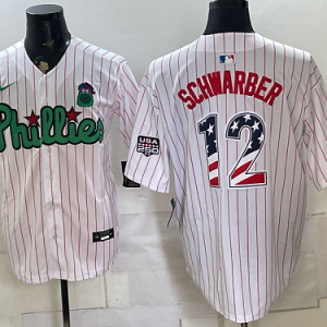 yp250335611-051 Phillies #12 Kyle Schwarber White Pinstripe USA Flag Baseball Jersey New Cool Base Stitched MLB Jersey KK051 – 2026–27