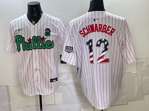 yp250335611-051 Phillies #12 Kyle Schwarber White Pinstripe USA Flag Baseball Jersey New Cool Base Stitched MLB Jersey KK051 – 2026–27