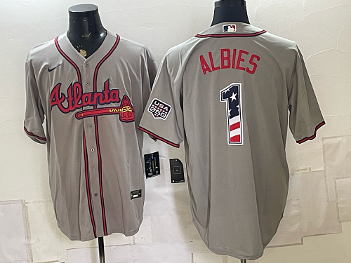 Braves #1 Ozzie Albies Gray USA Flag Baseball Jersey New Cool Base Stitched MLB Jersey KK001 – 2026–27