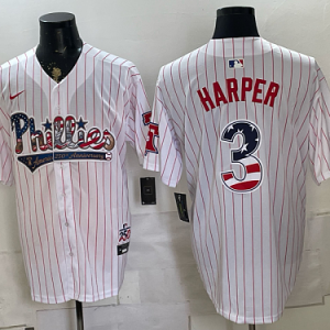 Phillies #3 Bryce Harper White Pinstripe USA Flag Baseball Jersey New Cool Base Stitched MLB Jersey KK047 – 2026–27
