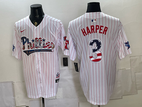 Phillies #3 Bryce Harper White Pinstripe USA Flag Baseball Jersey New Cool Base Stitched MLB Jersey KK047 – 2026–27