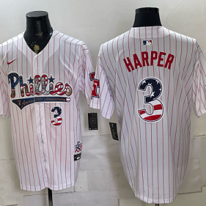 Phillies #3 Bryce Harper White Pinstripe USA Flag Baseball Jersey New Cool Base Stitched MLB Jersey KK048 – 2026–27