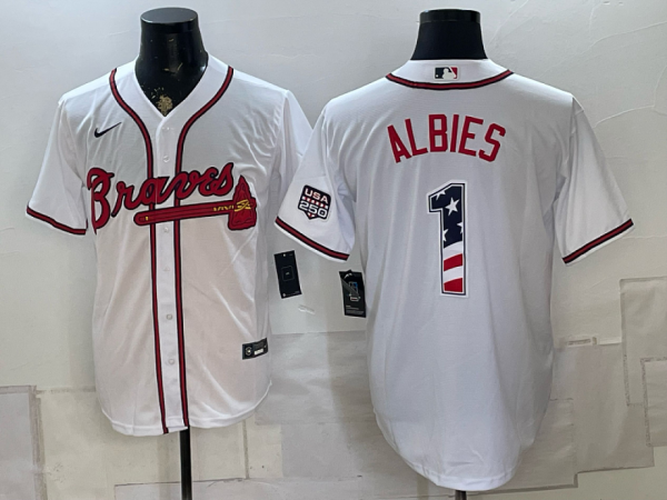 Braves #1 Ozzie Albies White USA Flag Baseball Jersey New Cool Base Stitched MLB Jersey KK014 – 2026–27
