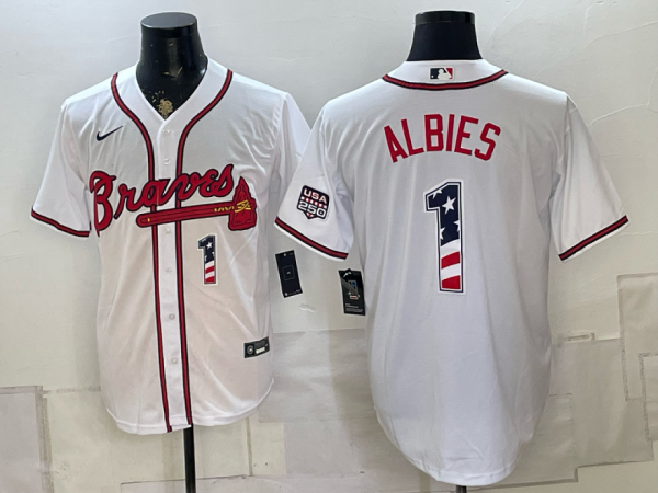 Braves #1 Ozzie Albies White USA Flag Baseball Jersey New Cool Base Stitched MLB Jersey KK015 – 2026–27