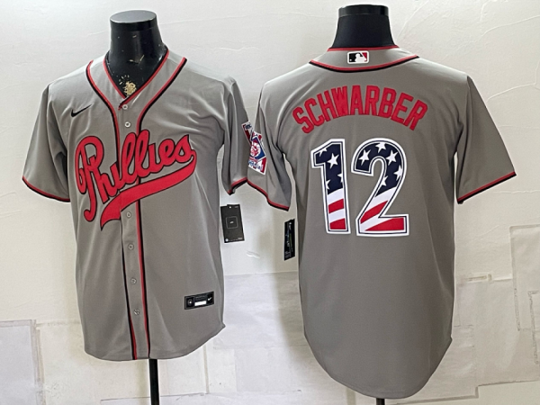 Phillies #12 Kyle Schwarber Gray USA Flag Baseball Jersey New Cool Base Stitched MLB Jersey KK041 – 2026–27
