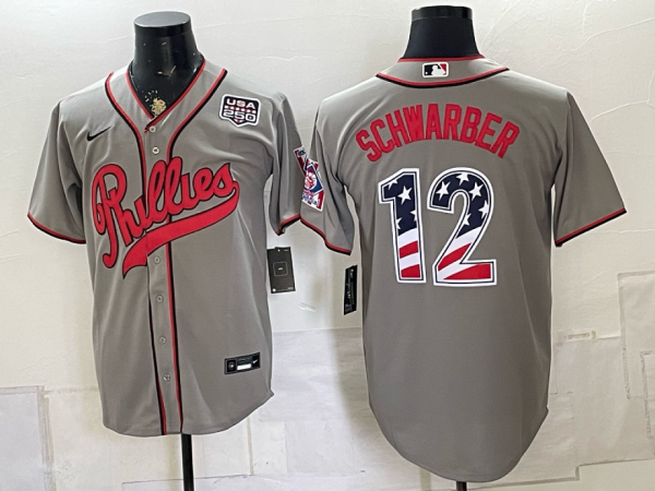 Phillies #12 Kyle Schwarber Gray USA Flag Baseball Jersey New Cool Base Stitched MLB Jersey KK042 – 2026–27