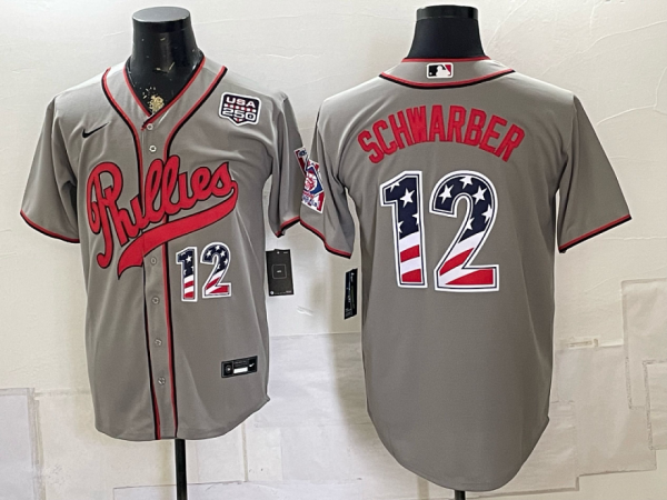 Phillies #12 Kyle Schwarber Gray USA Flag Baseball Jersey New Cool Base Stitched MLB Jersey KK043 – 2026–27
