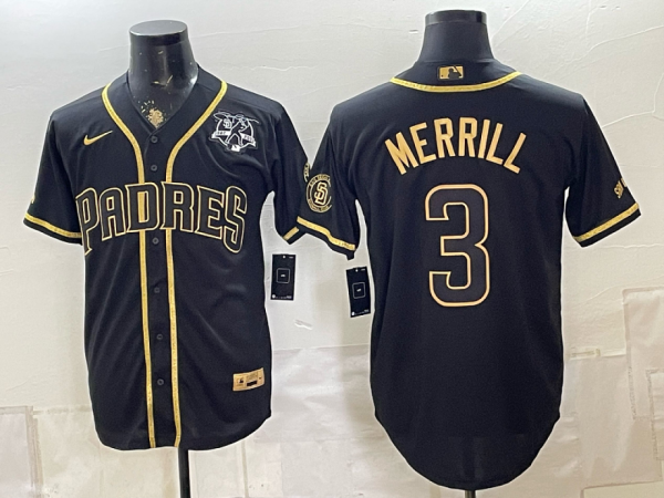 Padres #3 Jackson Merrill Navy Blue Gold Lettering Vintage Baseball Jersey New Cool Base Stitched MLB Jersey KKD021 – 2026–27