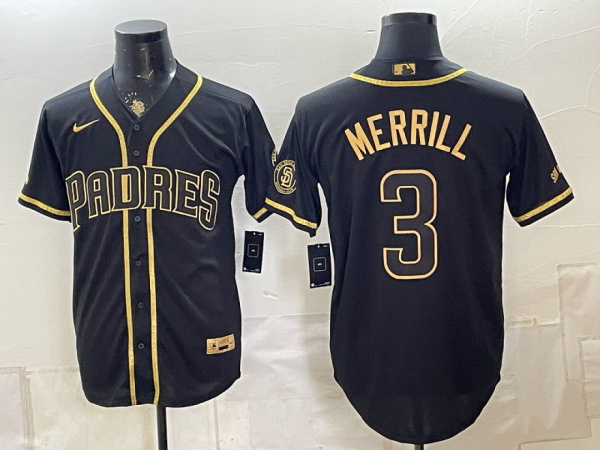 Padres #3 Jackson Merrill Navy Blue Gold Lettering Vintage Baseball Jersey New Cool Base Stitched MLB Jersey KKD022 – 2026–27