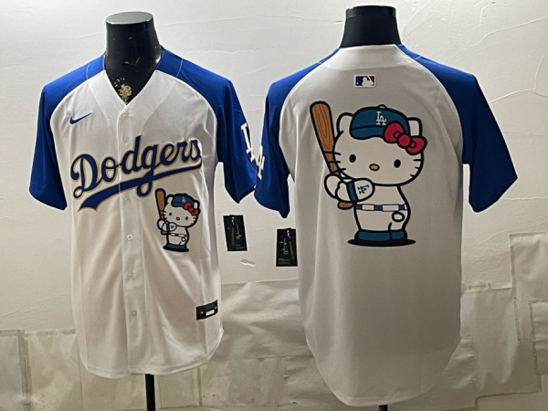 Dodgers White and Royal Blue Hello Kitty Collaboration Baseball Jersey New Cool Base Stitched MLB Jersey KKB055 – 2026–27