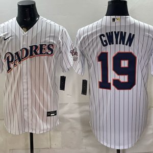 Padres #19 Tony Gwynn White Pinstripe Throwback Patch Baseball Jersey New Cool Base Stitched MLB Jersey KK042 – 2026–27
