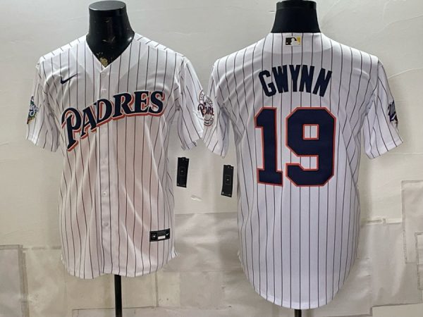 Padres #19 Tony Gwynn White Pinstripe Throwback Patch Baseball Jersey New Cool Base Stitched MLB Jersey KK042 – 2026–27